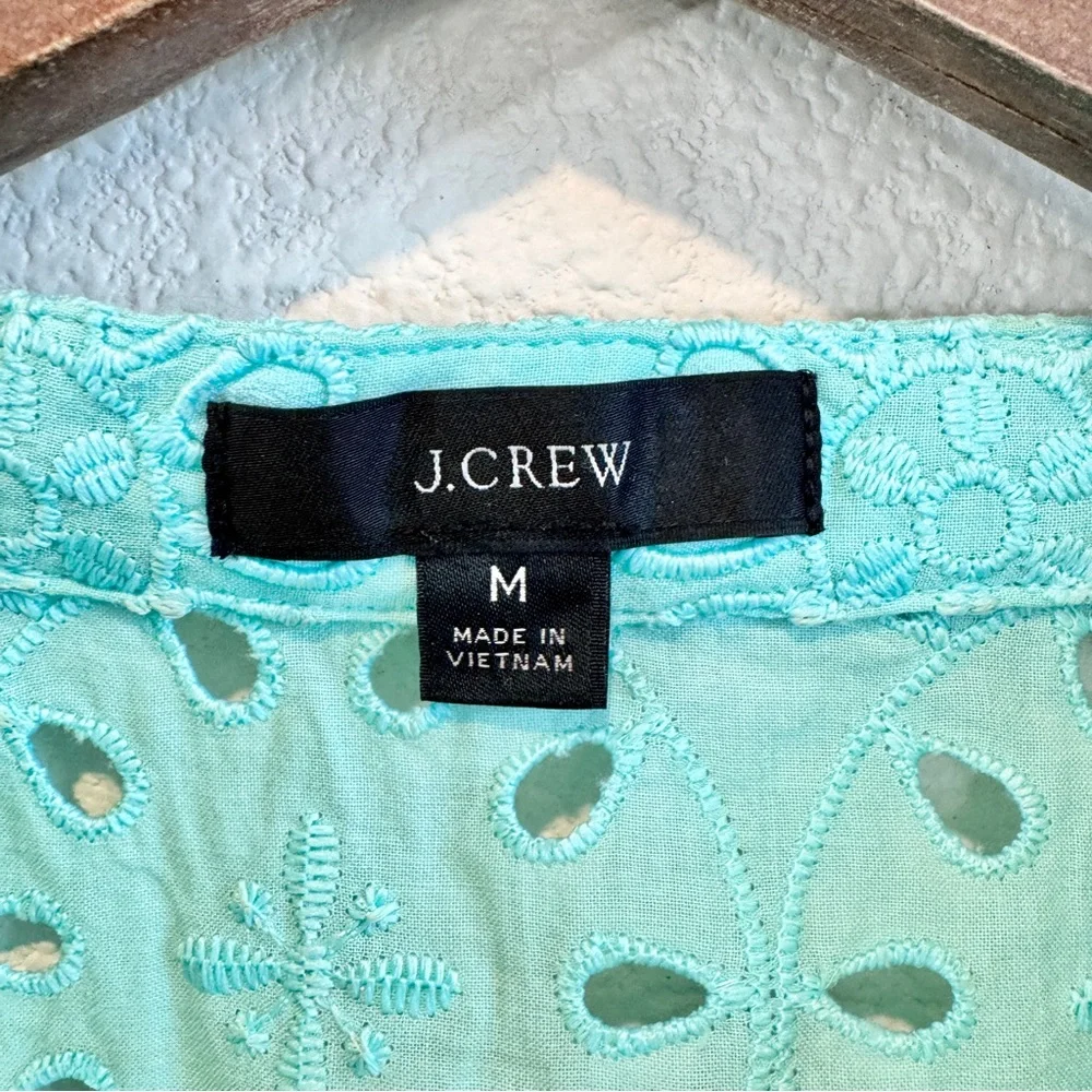 J.Crew Puff-Sleeve Eyelet Popover Top Mint Green Teal Romantic Cottagecore EUC